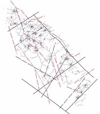 Схема дислокаций спроецированных на современную схему речной сети