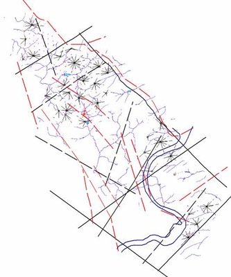 Схема дислокаций и ранневизейского вреза спроецированных на современную схему речной сети
